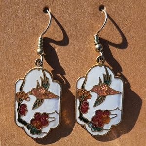 Vintage White Cloisonné Earrings with Bird and Floral Accents